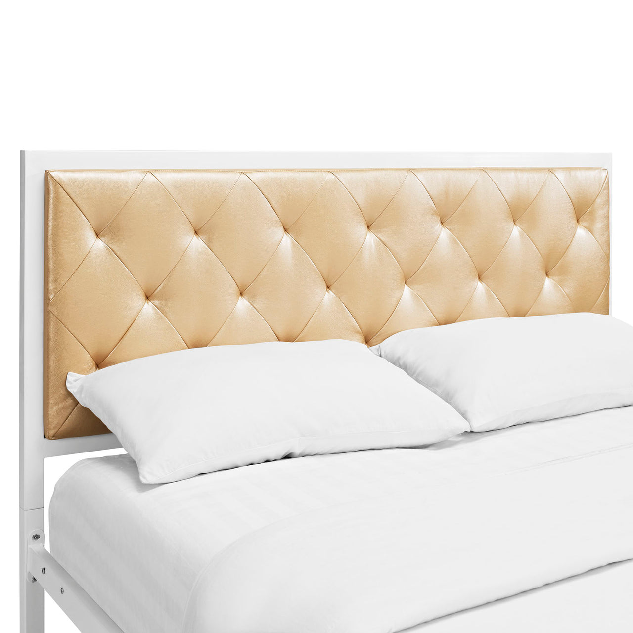 Mirava Eco-Leather Queen Bed, White & Champagne