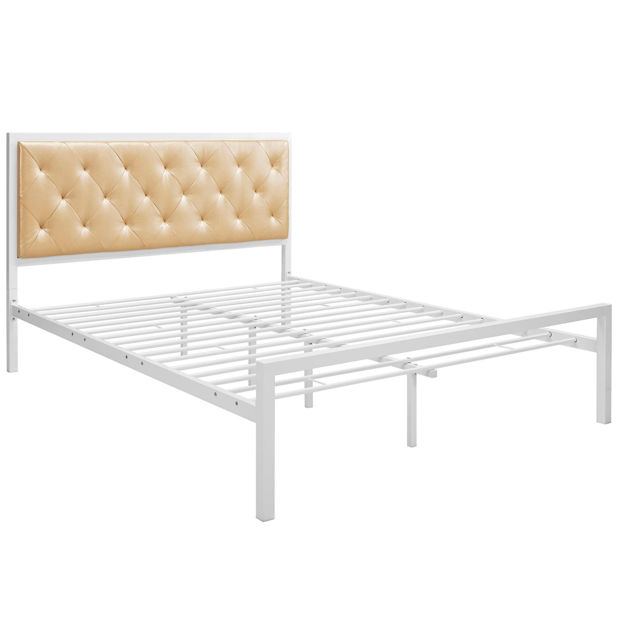 Mirava Eco-Leather Queen Bed, White & Champagne