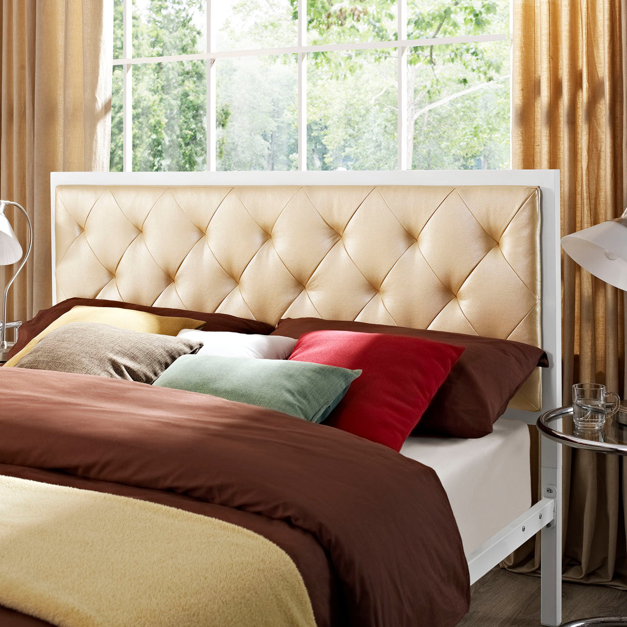 Mirava Eco-Leather Queen Bed, White & Champagne