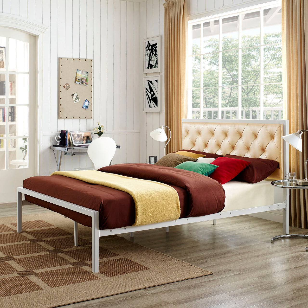 Mirava Eco-Leather Queen Bed, White & Champagne