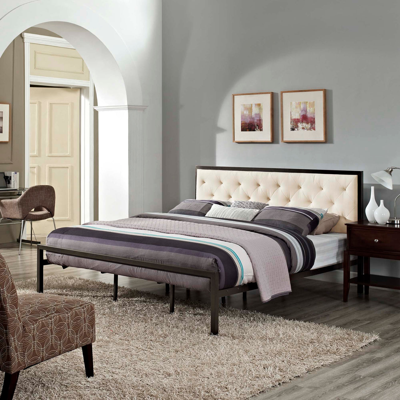 Mirava Upholstered King Bed, Brown & Beige