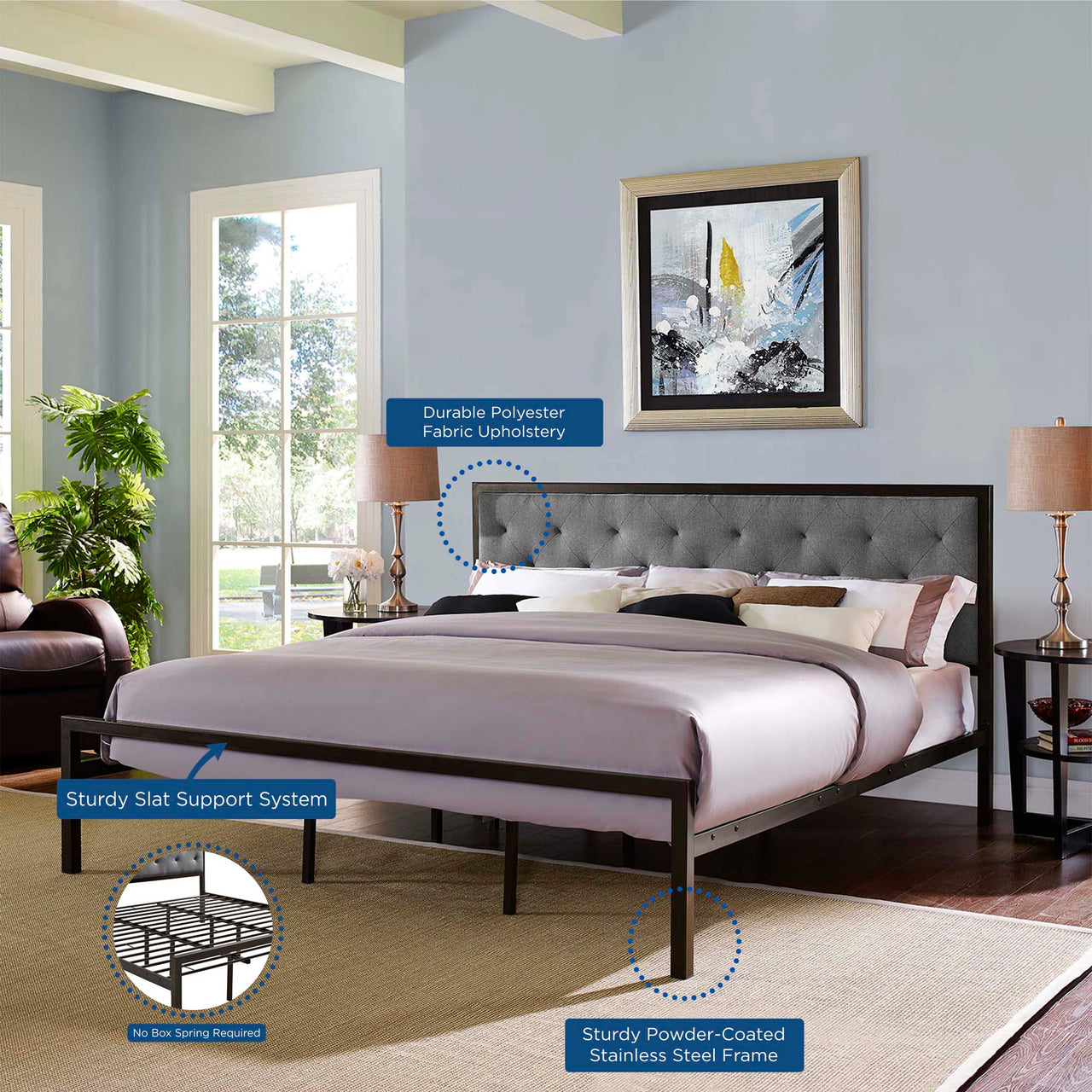 Mirava Upholstered King Bed, Brown & Gray