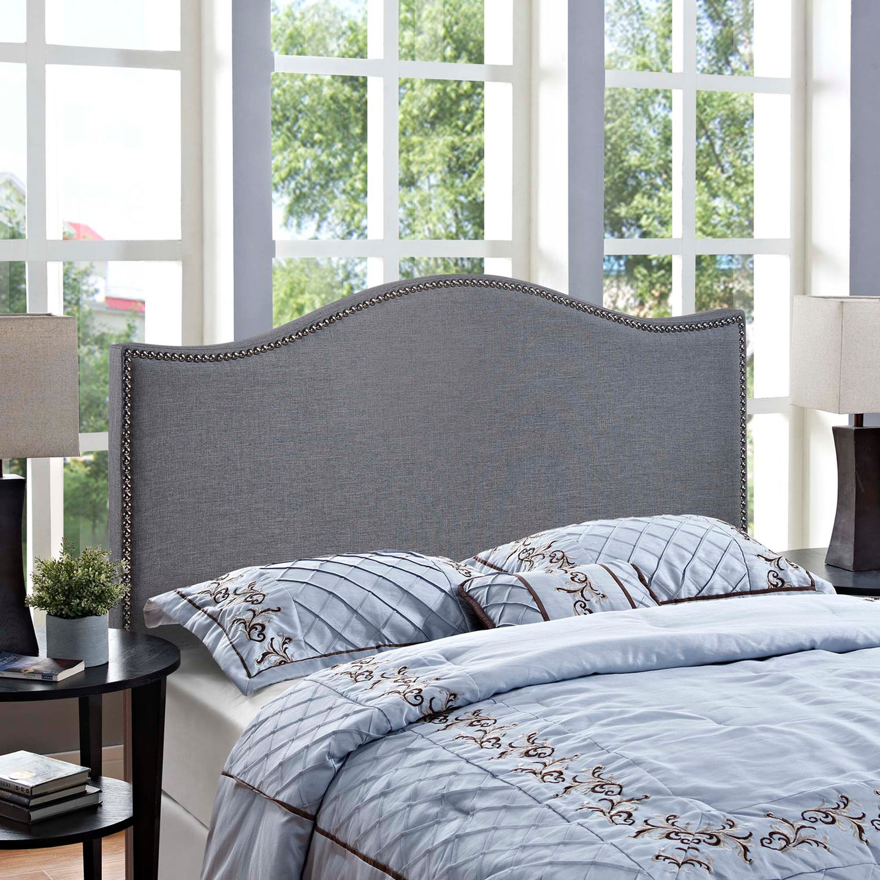 Curve Upholstered Queen Headboard, Gray