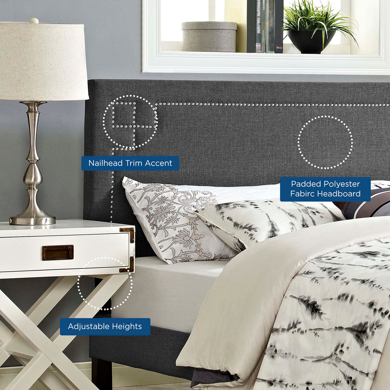 Dazzle Fabric Queen Headboard, Gray