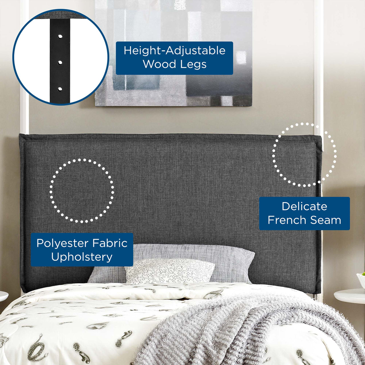 Millie Fabric Twin Headboard, Gray