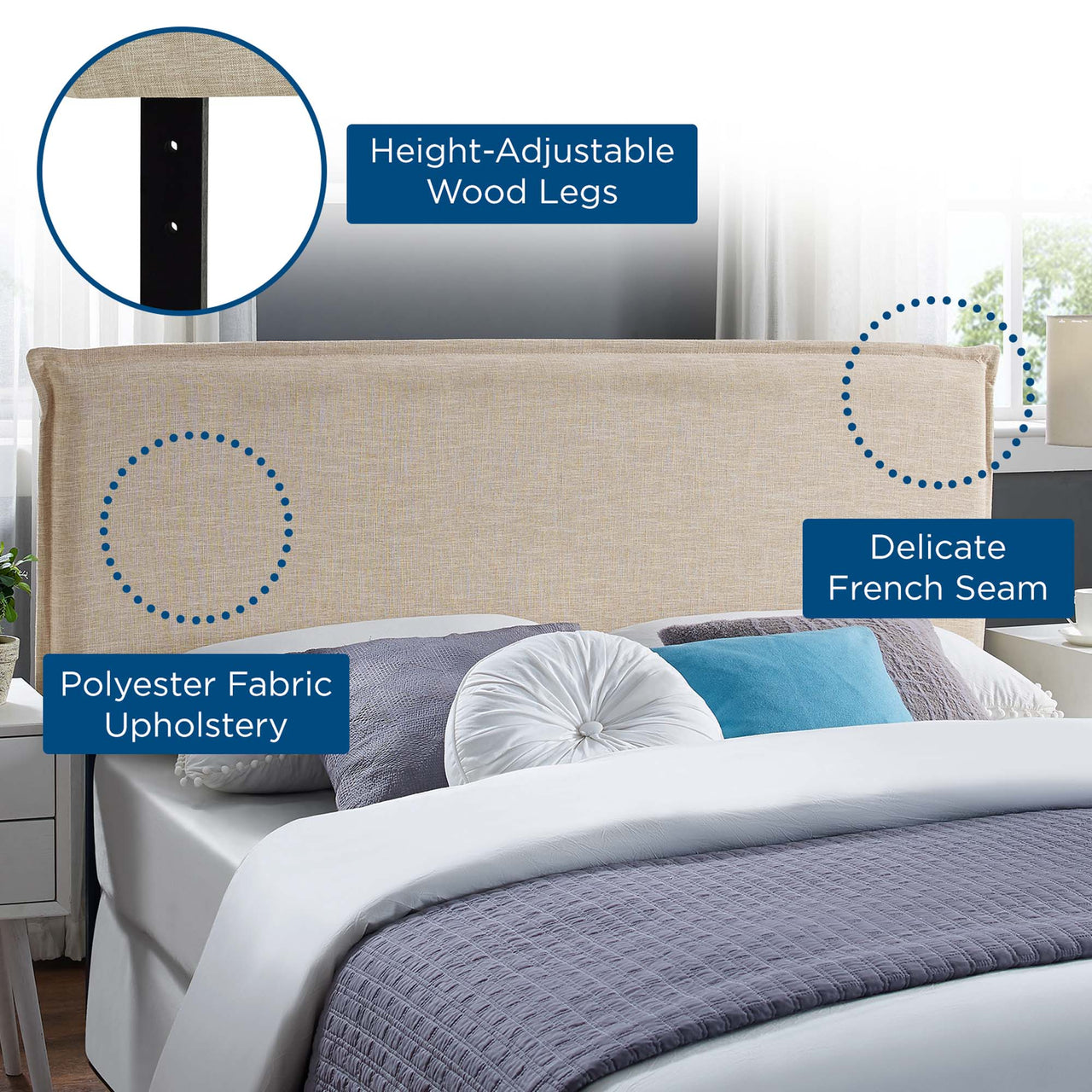 Millie Fabric Queen Headboard, Beige
