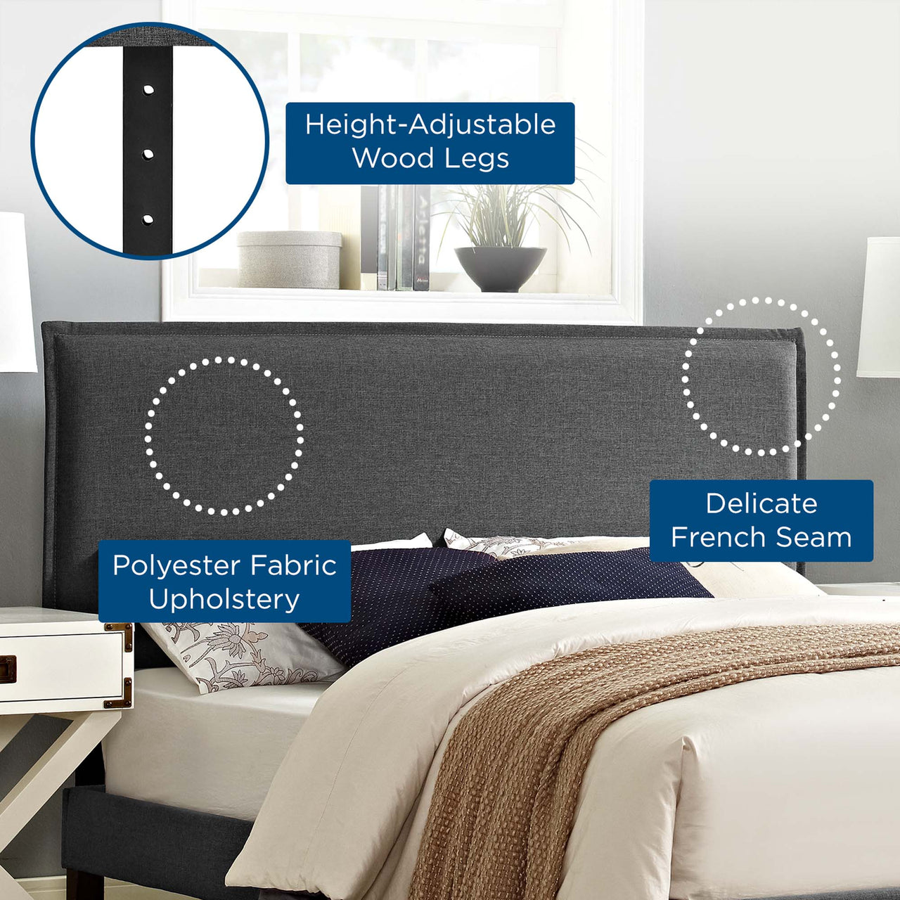 Millie Fabric Queen Headboard, Gray