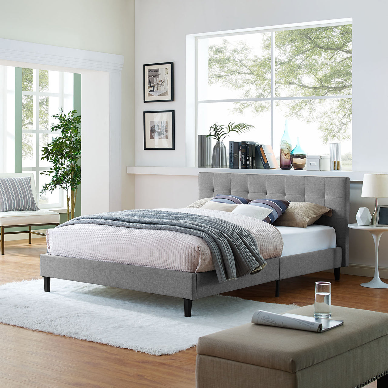 Pinpoint Fabric Queen Bed, Light Gray