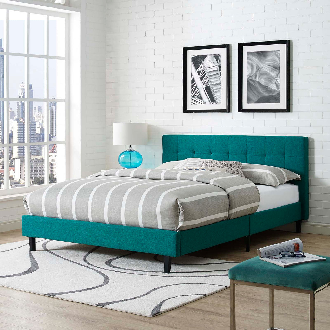 Pinpoint Fabric Queen Bed, Teal