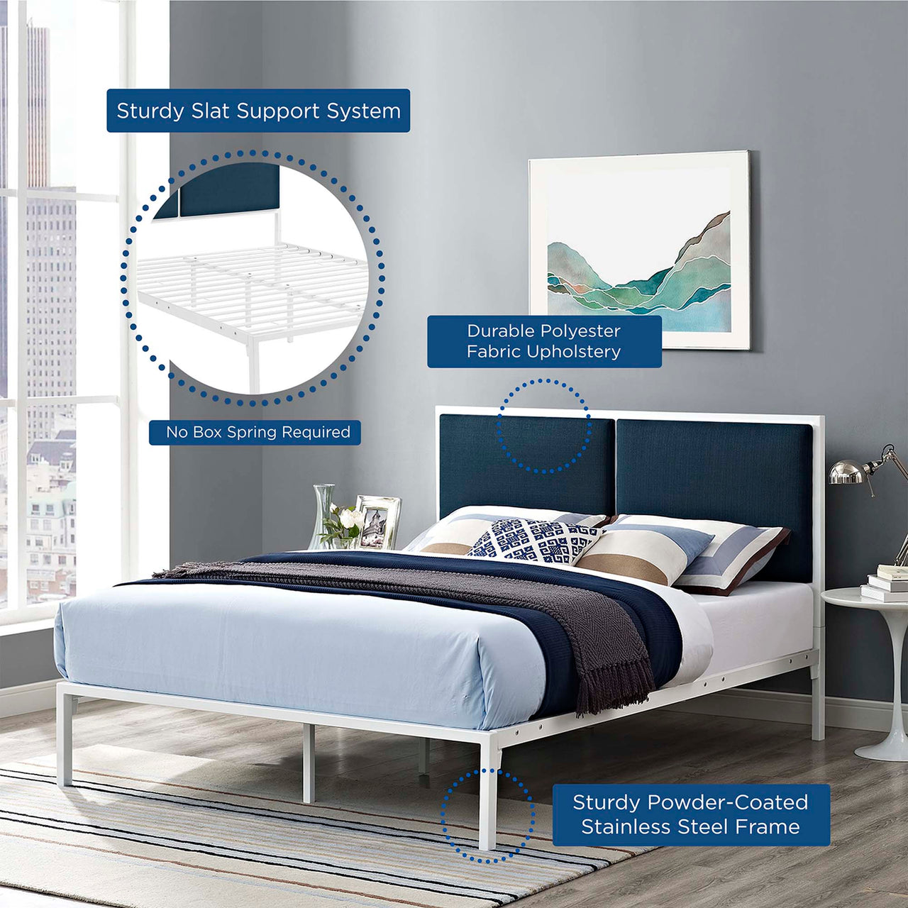 Darsa Upholstered King Bed, White & Azure