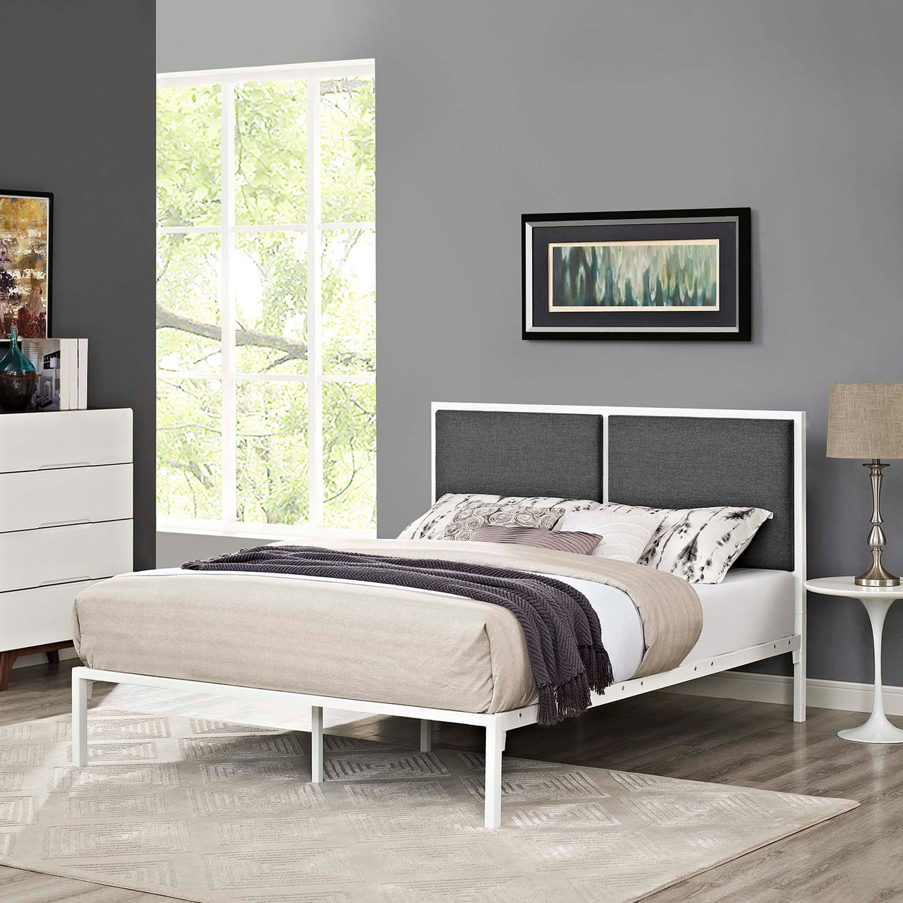 Darsa Upholstered King Bed, White & Gray