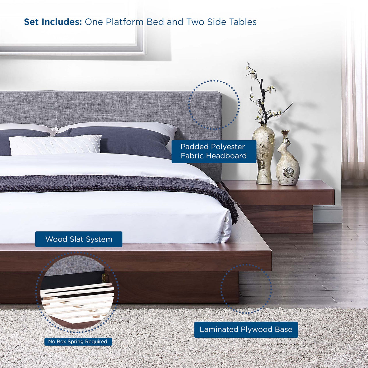 Hover 3-Piece Fabric Queen Bedroom Set, Walnut & Gray