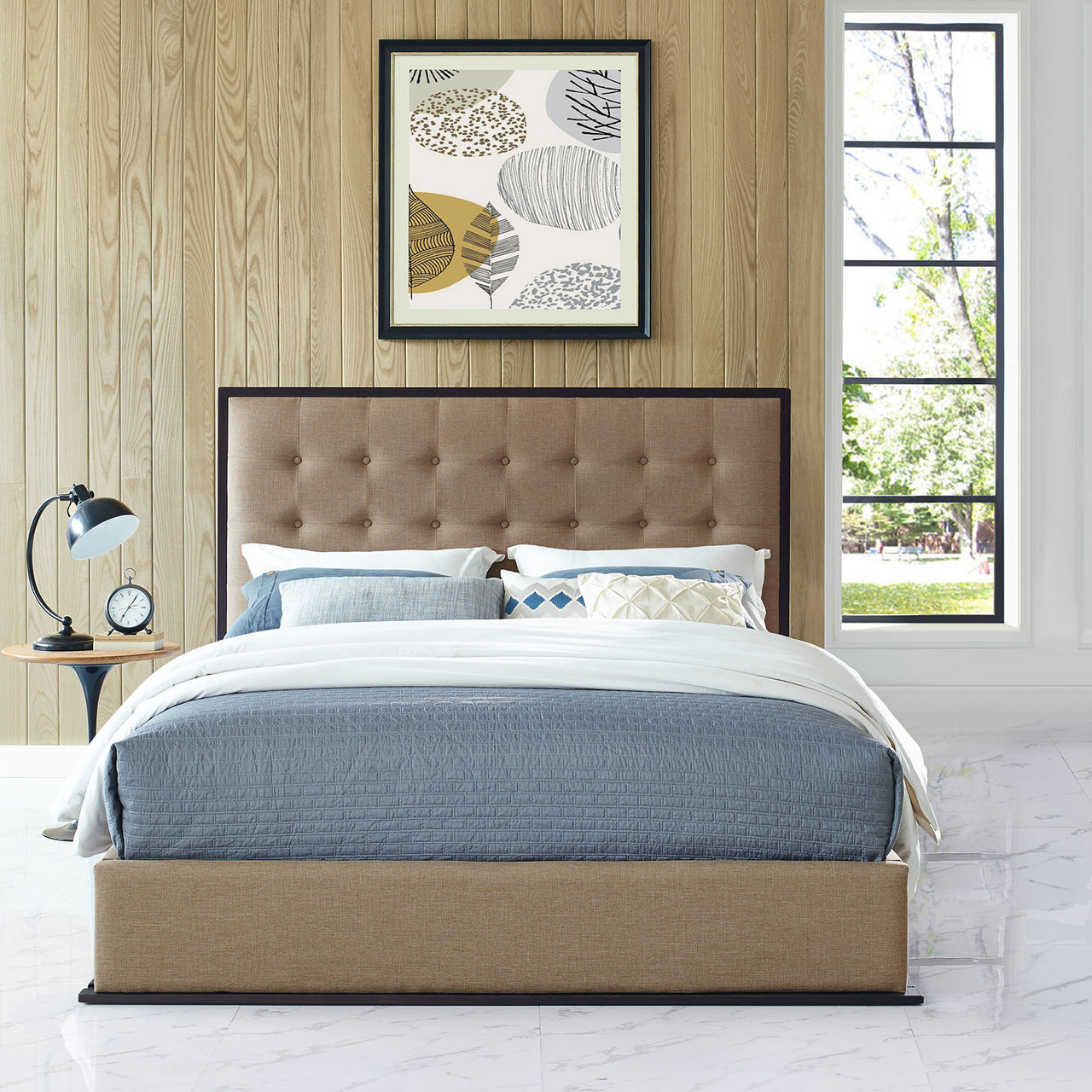Coraven Fabric Queen Bed Frame, Espresso & Light Brown