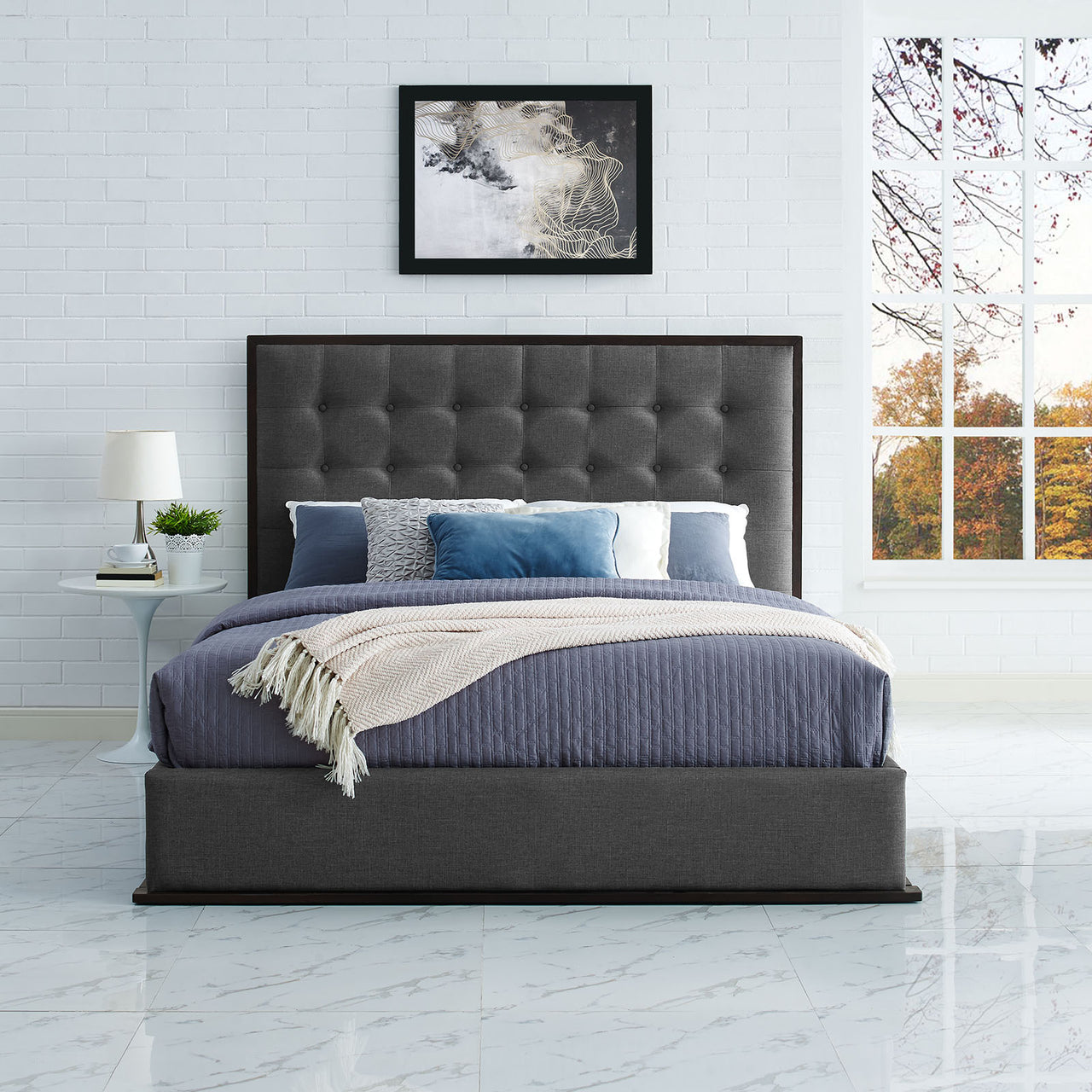 Coraven Fabric Queen Bed Frame, Espresso & Gray