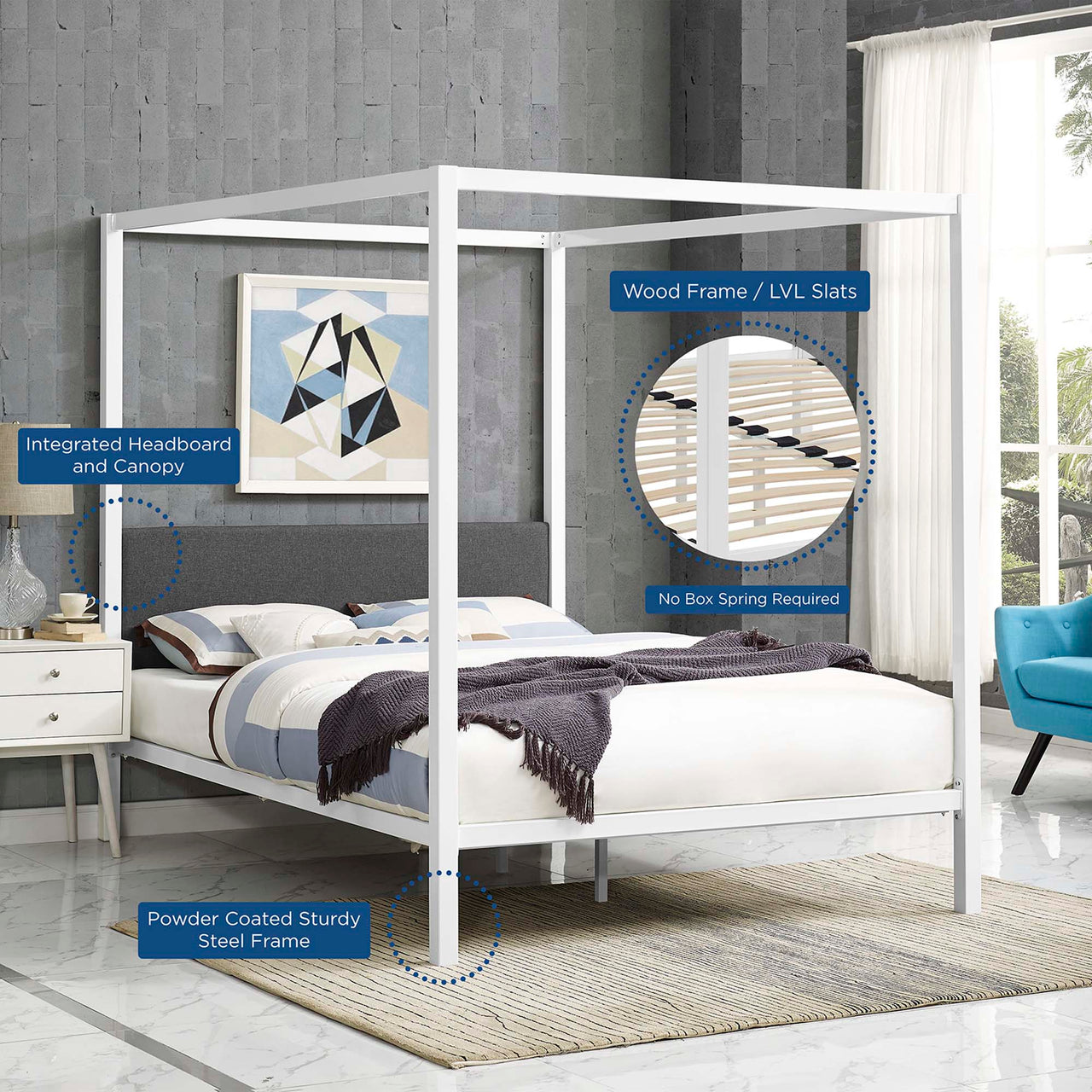 Sylvara Queen Bed Frame, White & Gray