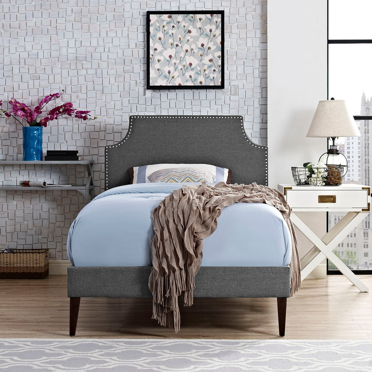 Laurel Fabric Twin Platform Bed, Gray