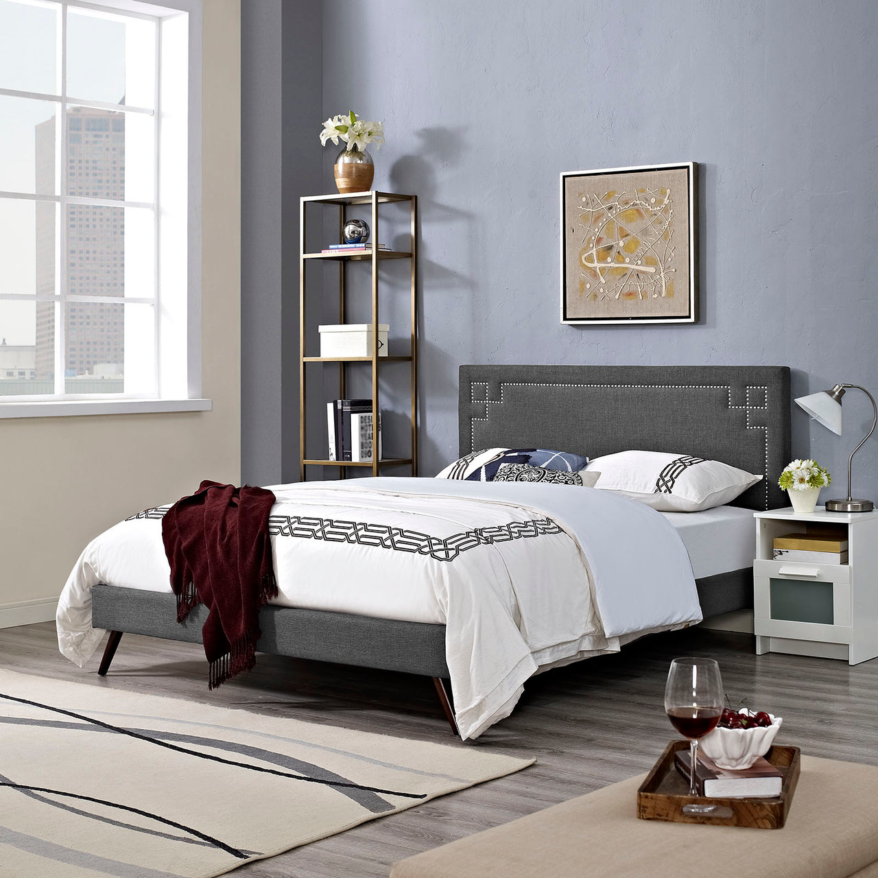 Dazzle Fabric Queen Platform Bed, Gray