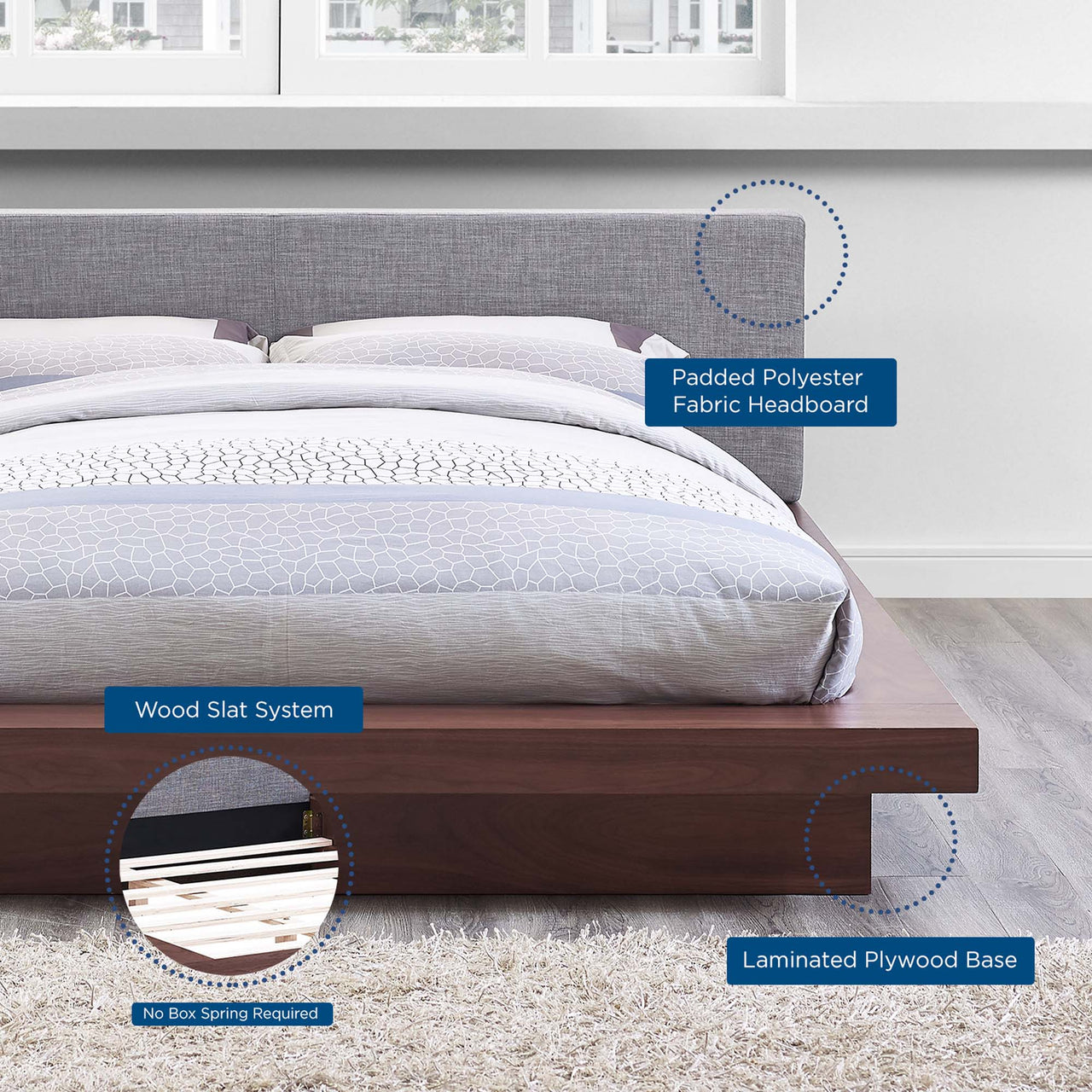 Hover Fabric Queen Platform Bed, Walnut & Gray