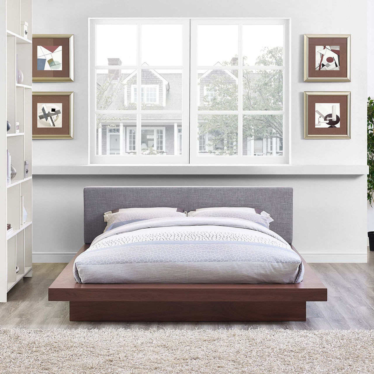 Hover Fabric Queen Platform Bed, Walnut & Gray