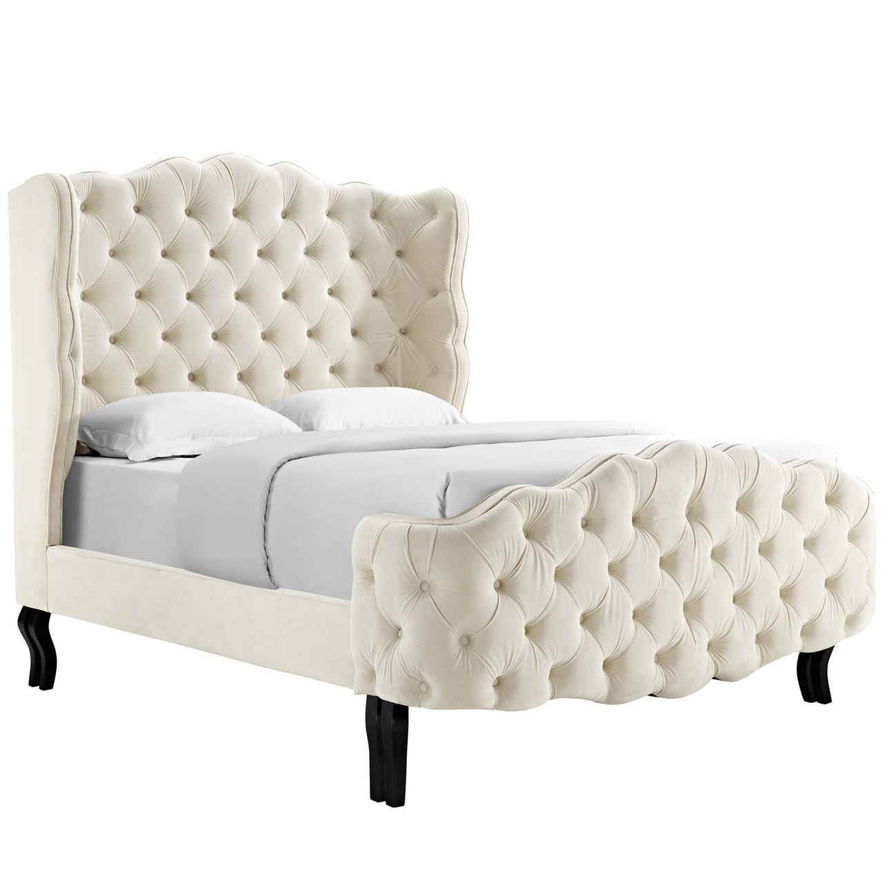 Serenith Upholstered Velvet Queen Platform Bed, Ivory