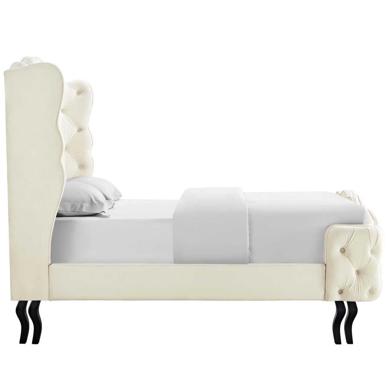 Serenith Upholstered Velvet Queen Platform Bed, Ivory