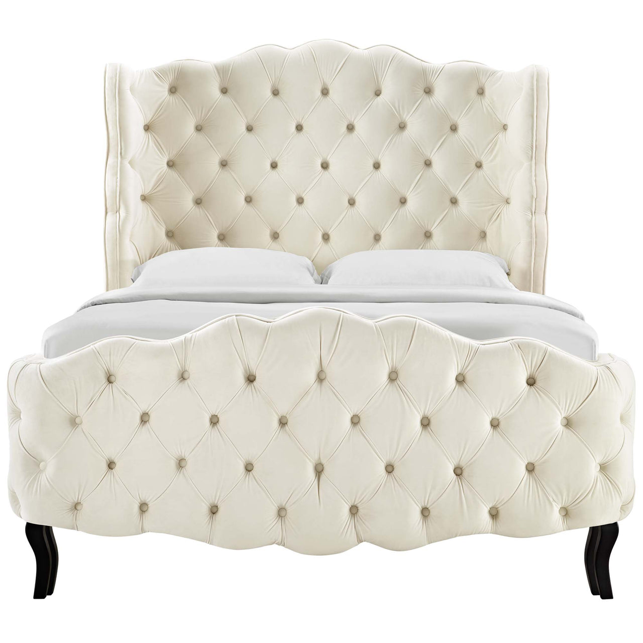Serenith Upholstered Velvet Queen Platform Bed, Ivory