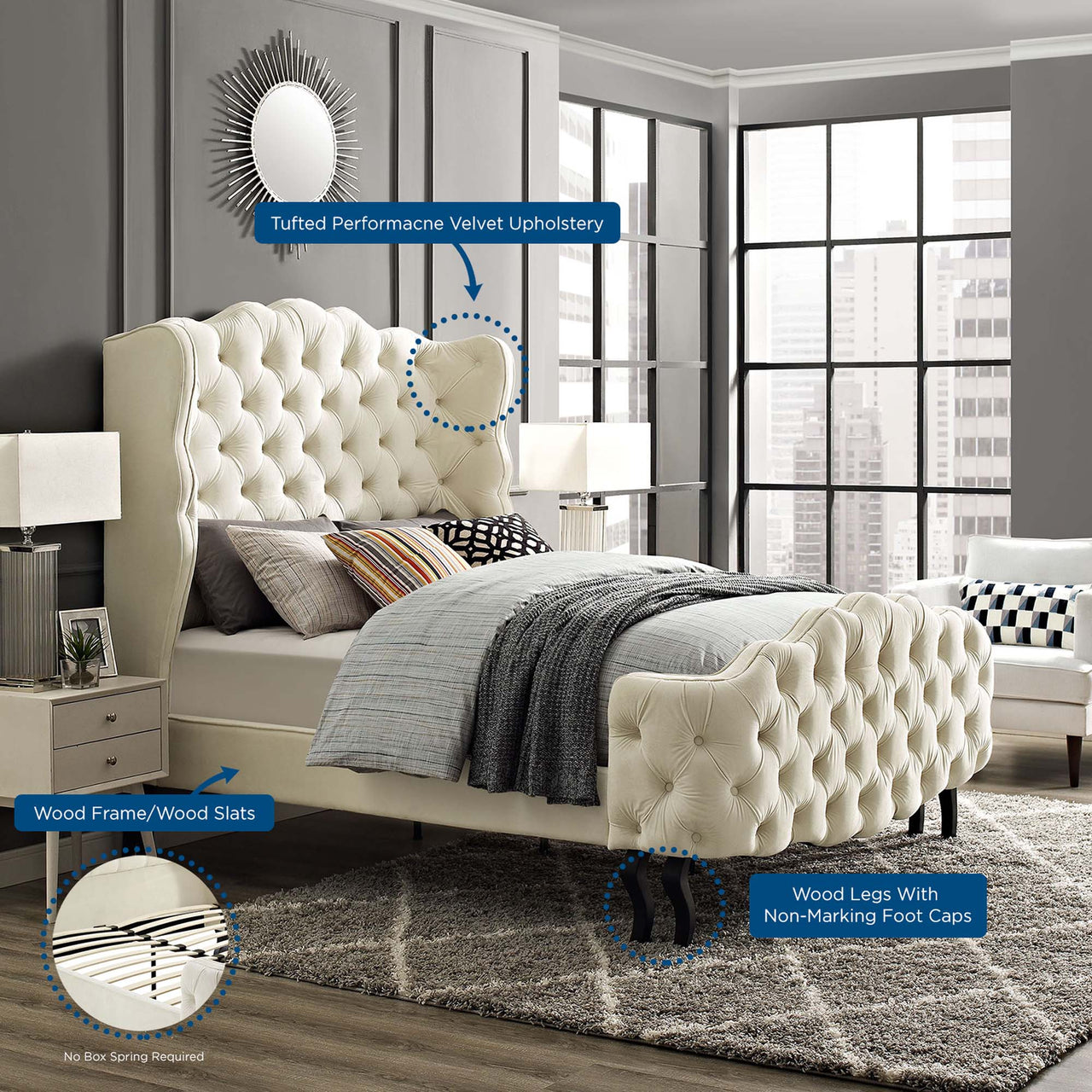 Serenith Upholstered Velvet Queen Platform Bed, Ivory