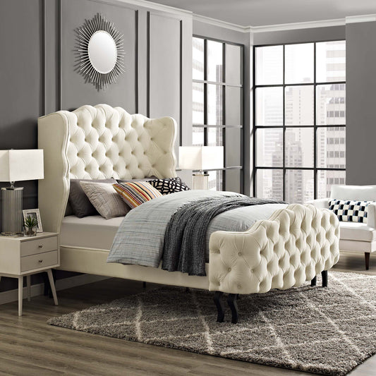 Serenith Upholstered Velvet Queen Platform Bed, Ivory
