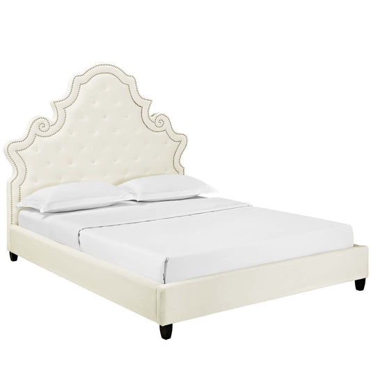 Ilia Upholstered Velvet Queen Platform Bed, Ivory