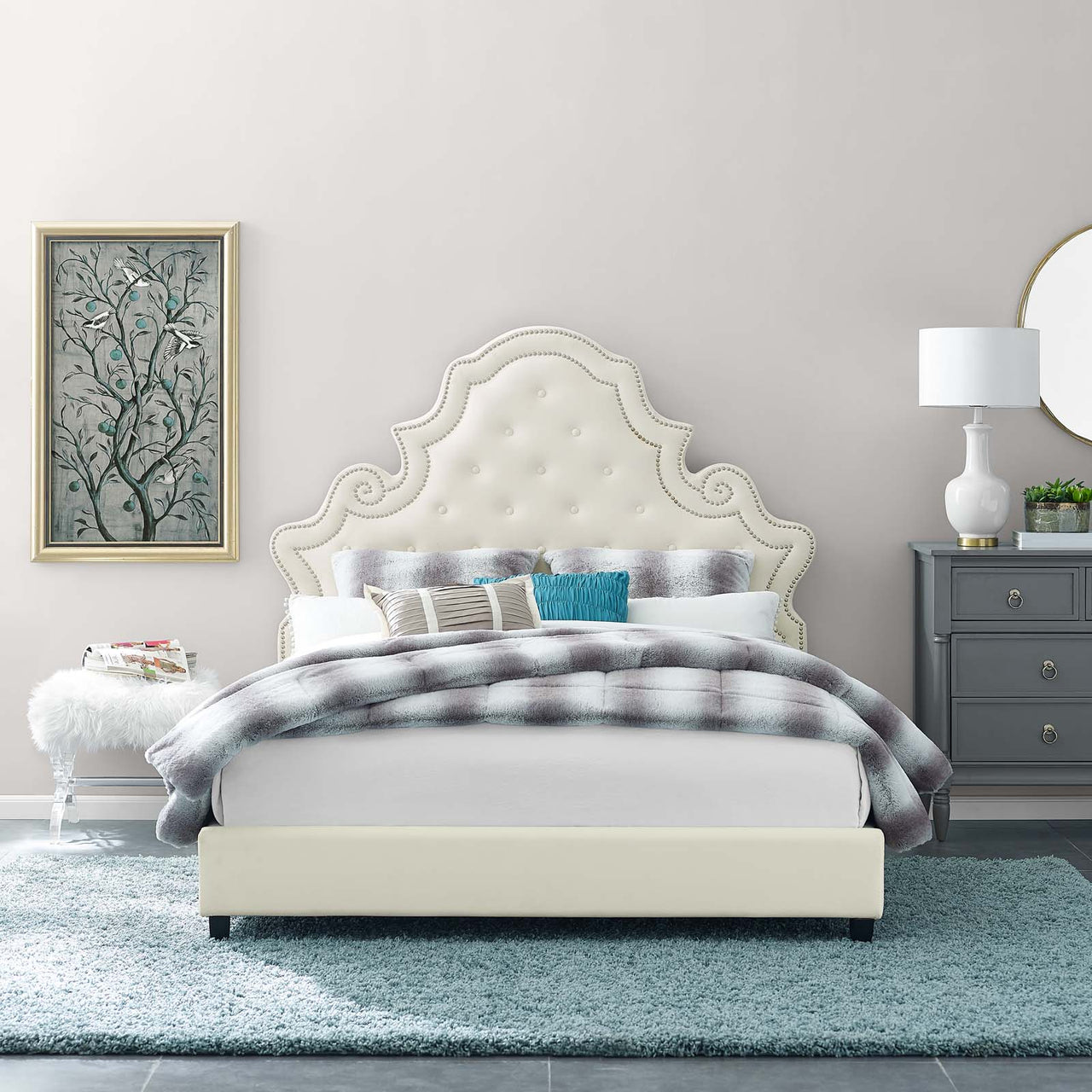 Ilia Upholstered Velvet Queen Platform Bed, Ivory