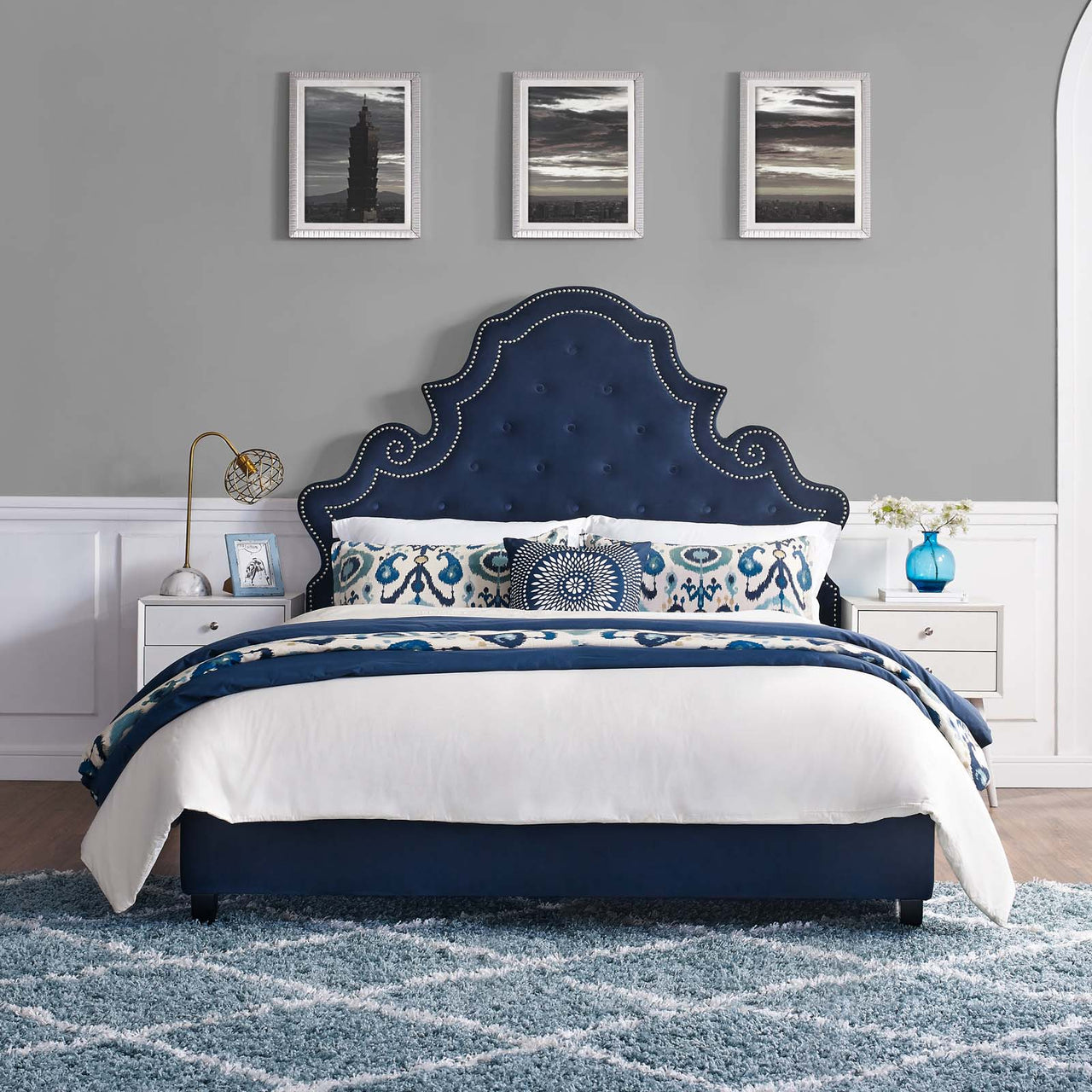 Ilia Upholstered Velvet Queen Platform Bed, Navy