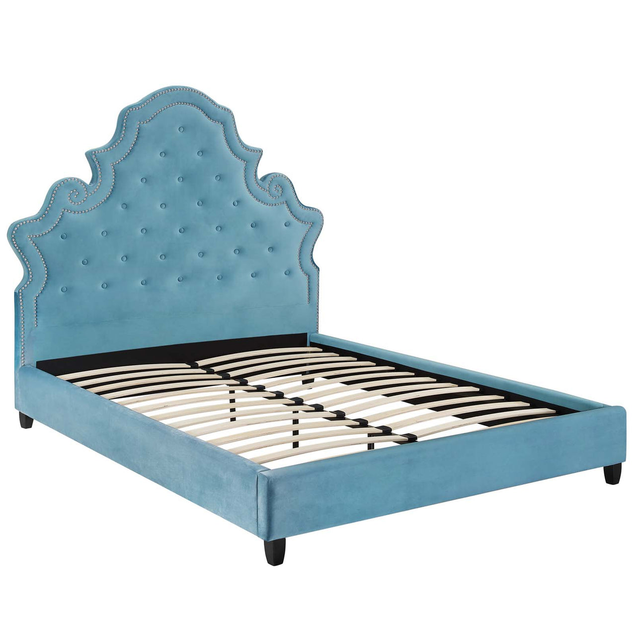 Ilia Upholstered Velvet Queen Platform Bed, Caspian Blue