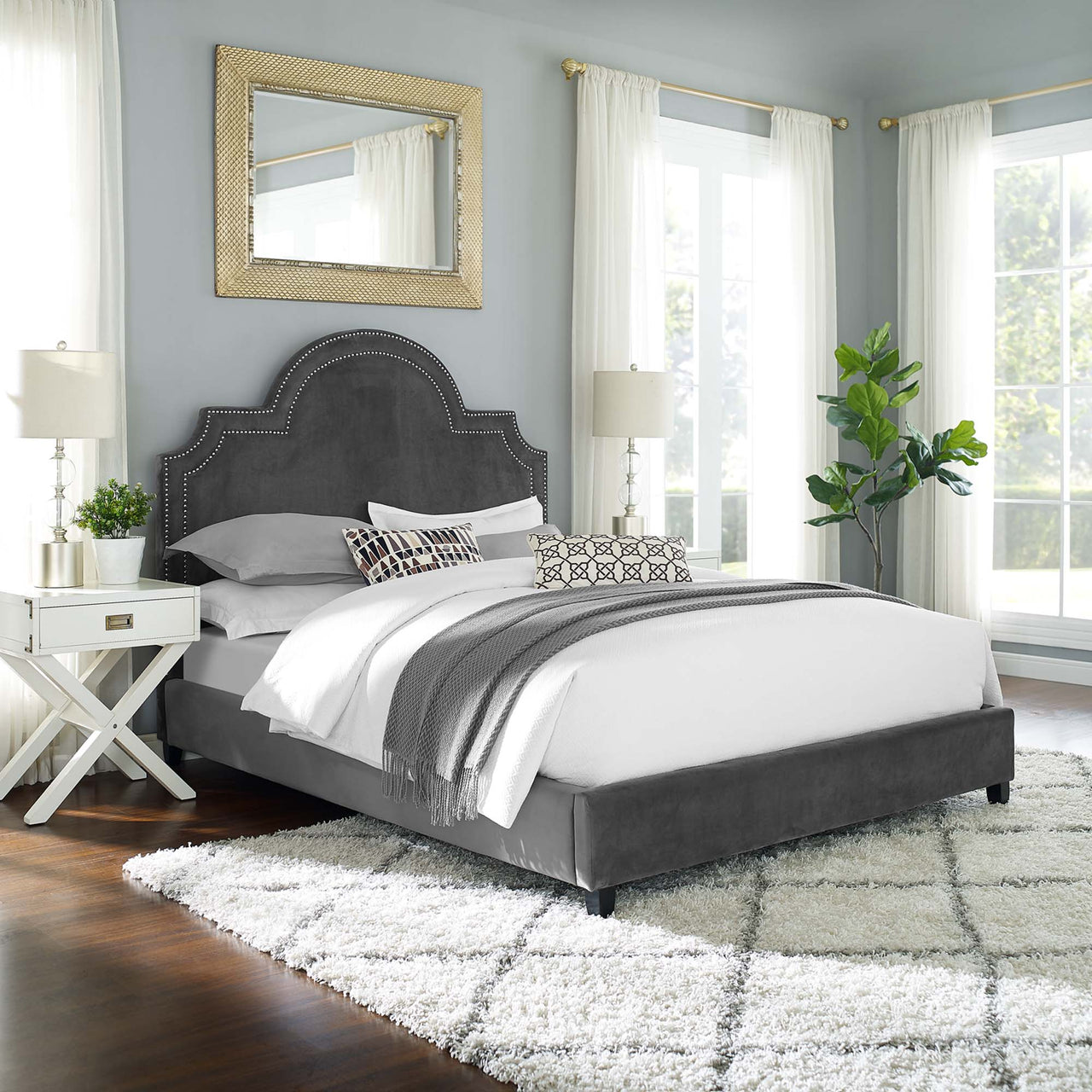 Chelsea Upholstered Velvet Queen Platform Bed, Gray
