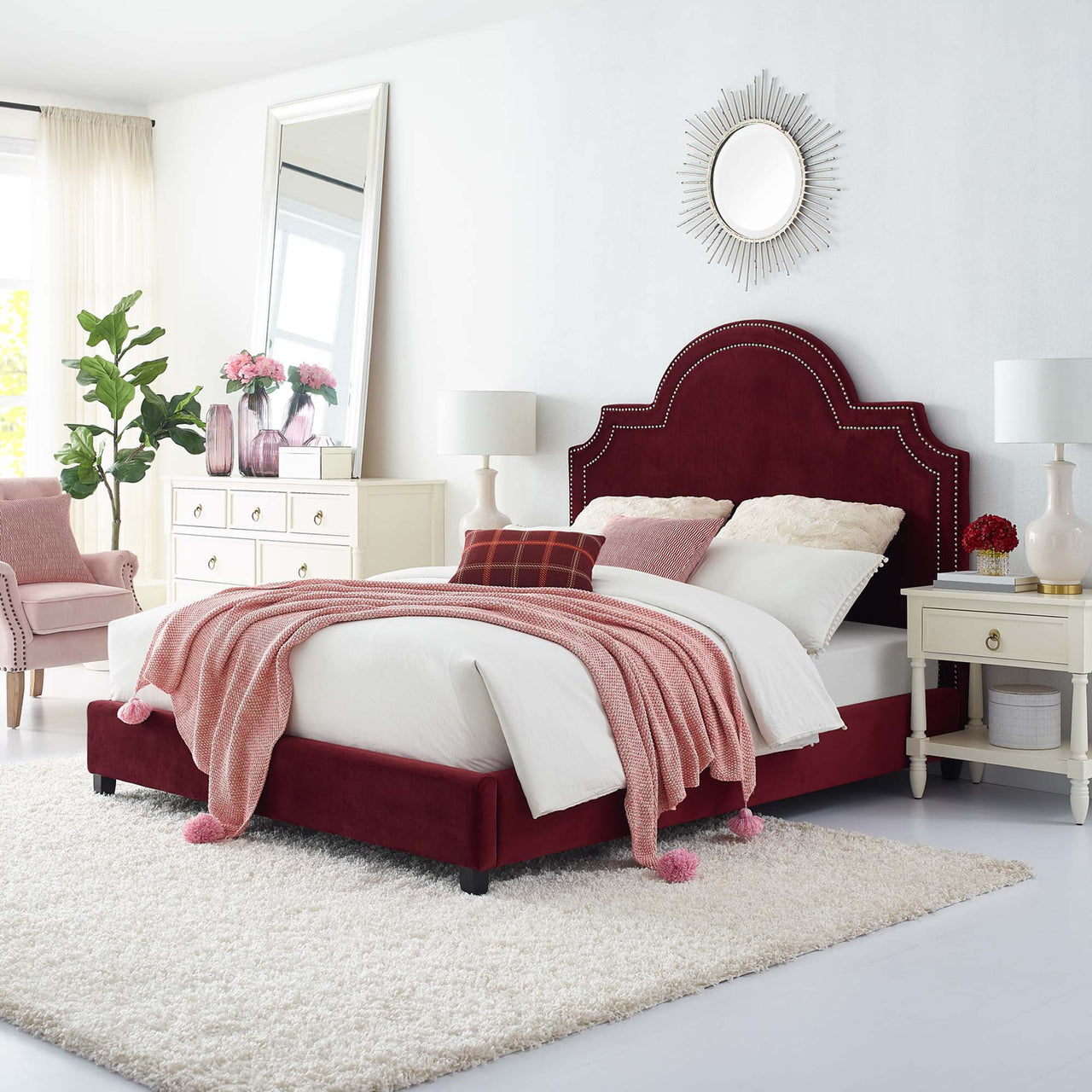 Chelsea Upholstered Velvet Queen Platform Bed, Maroon