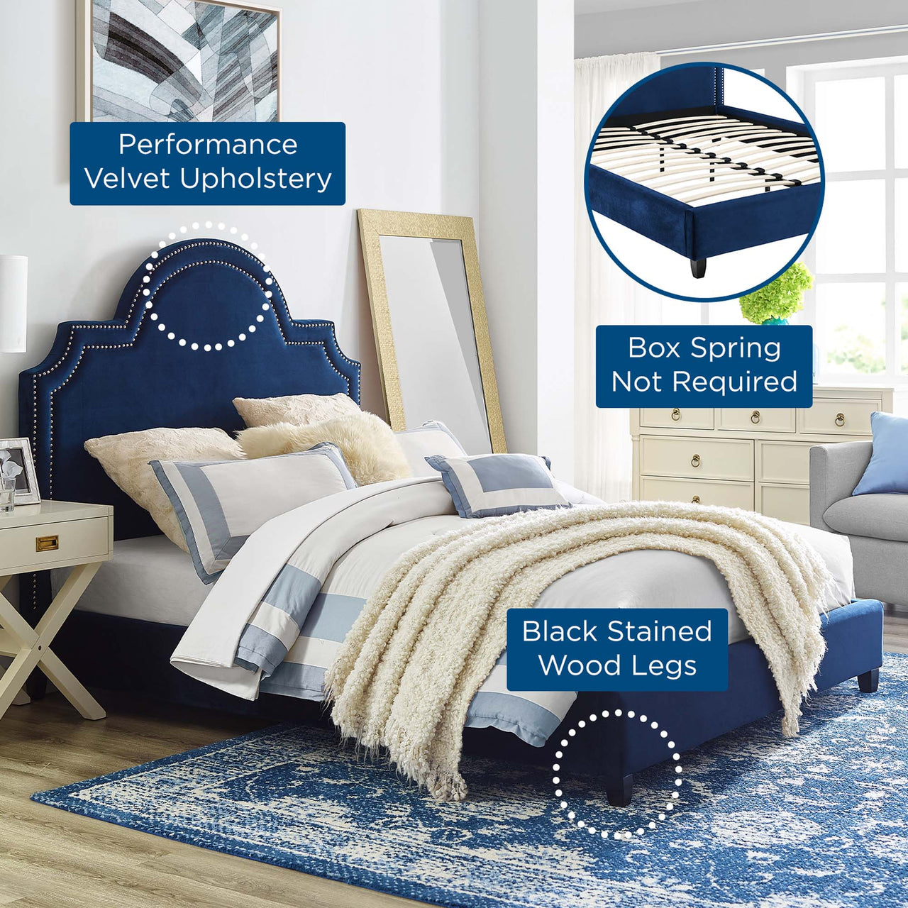 Chelsea Upholstered Velvet Queen Platform Bed, Navy