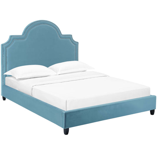 Chelsea Upholstered Velvet Queen Platform Bed, Caspian Blue