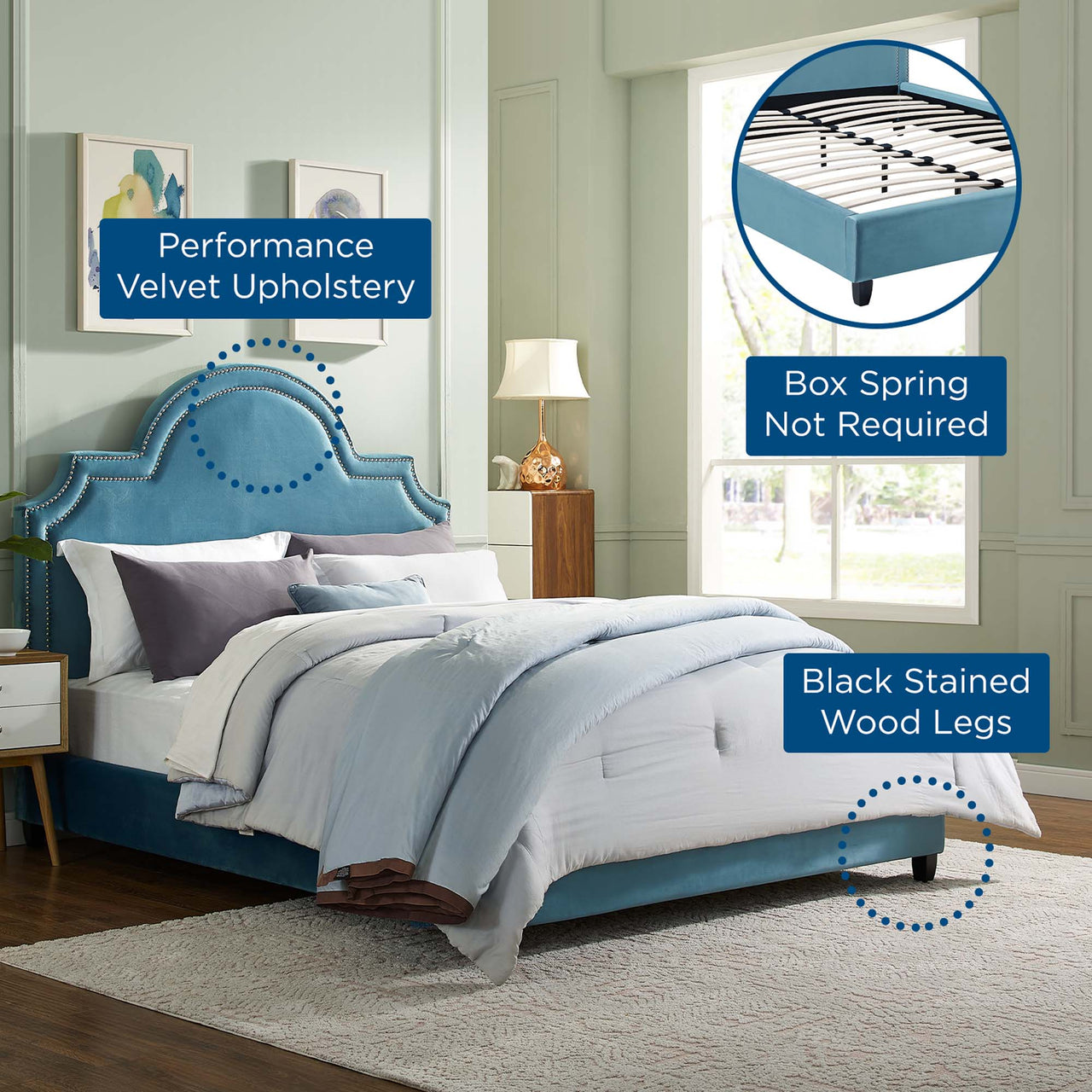 Chelsea Upholstered Velvet Queen Platform Bed, Caspian Blue
