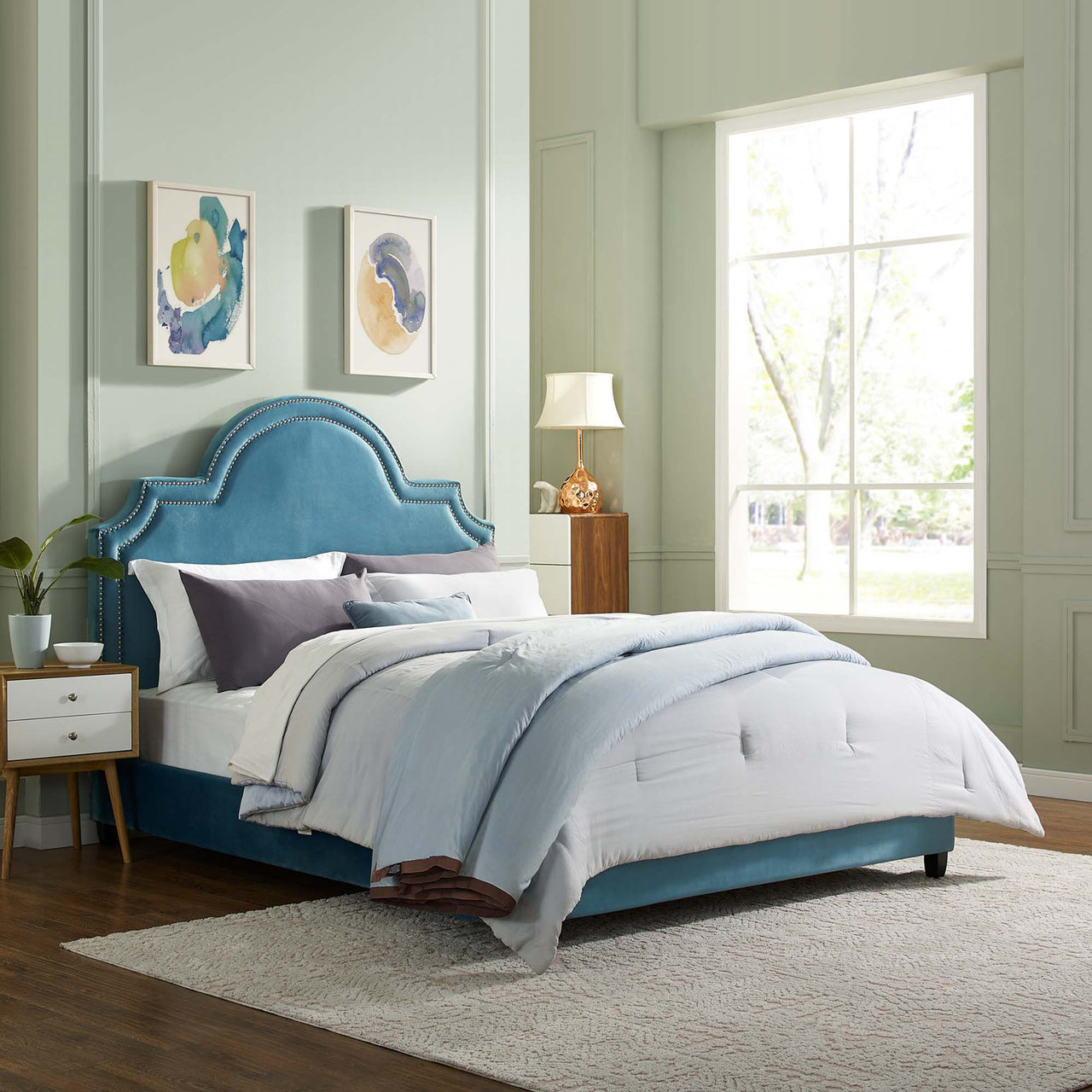 Chelsea Upholstered Velvet Queen Platform Bed, Caspian Blue