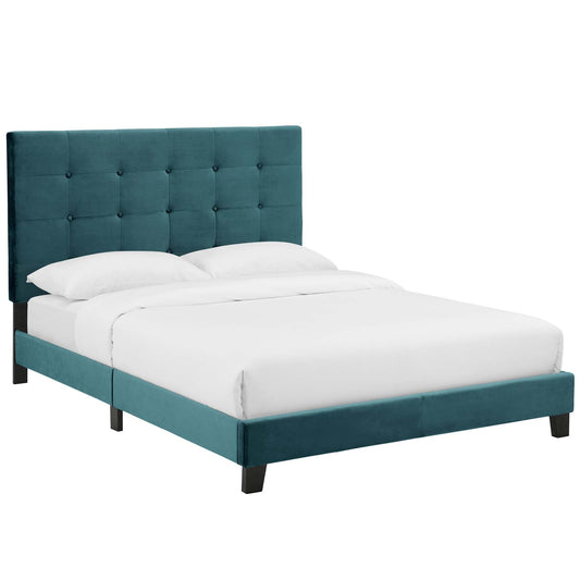 Melissa Upholstered Velvet Full Platform Bed, Caspian Blue
