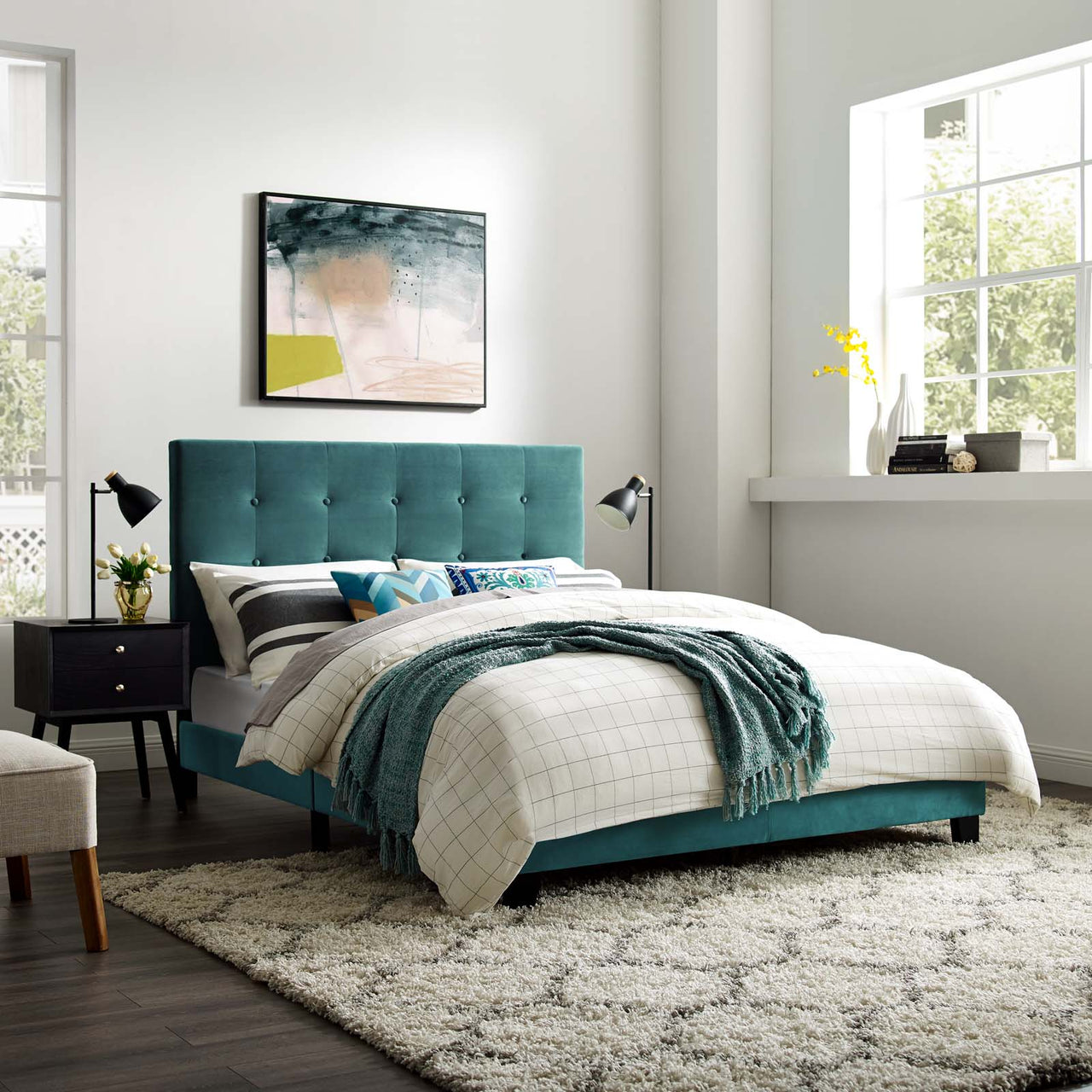 Melissa Upholstered Velvet Full Platform Bed, Caspian Blue