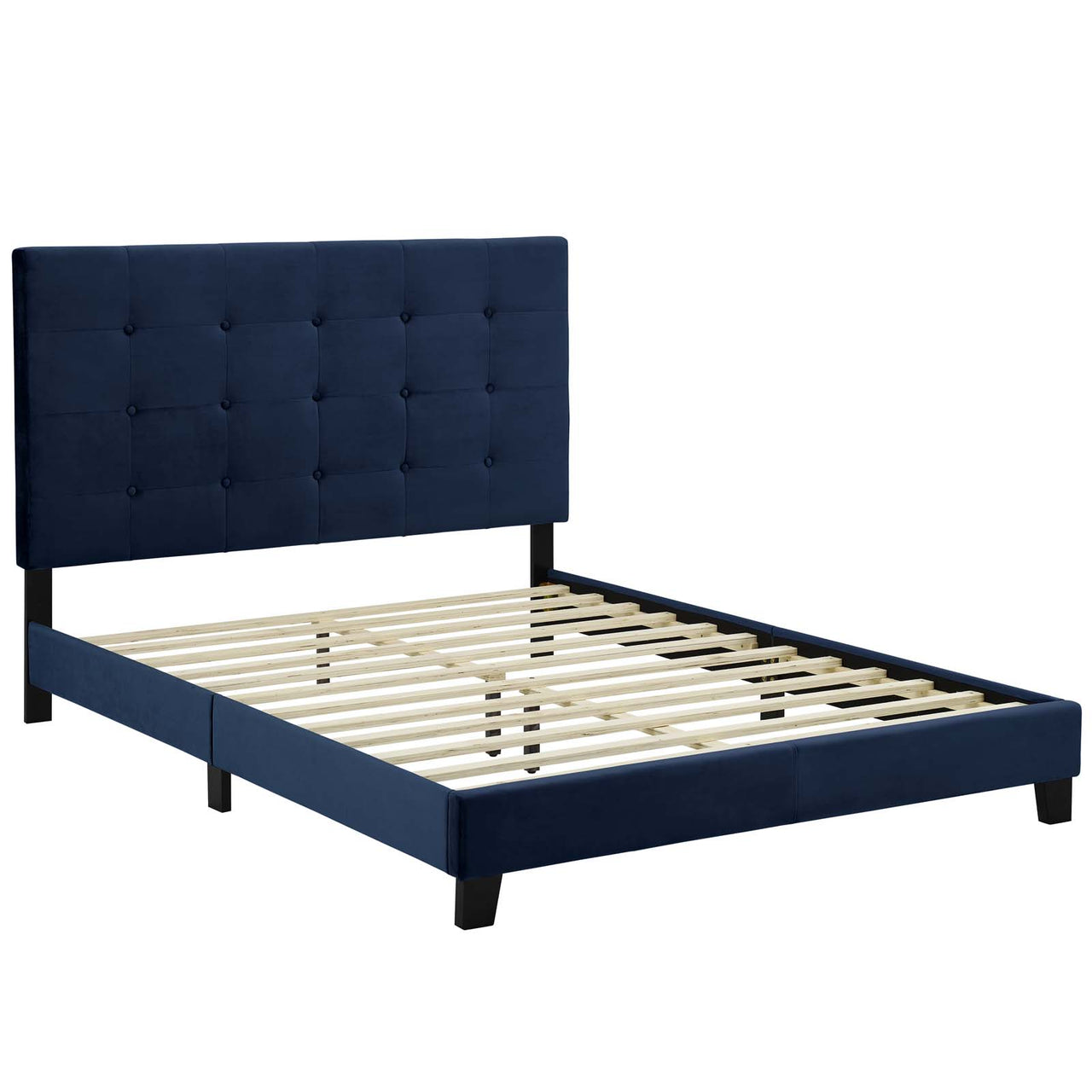 Melissa Upholstered Velvet Queen Platform Bed, Dark Blue