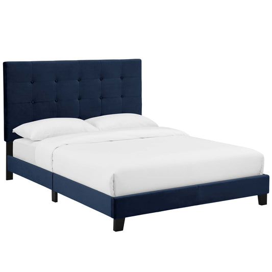 Melissa Upholstered Velvet King Platform Bed, Dark Blue