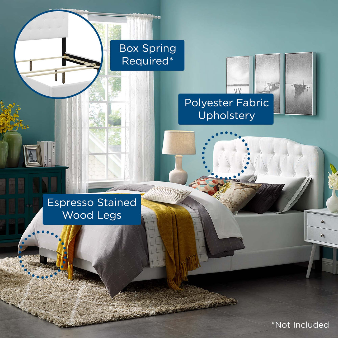 Elira Fabric Queen Bed, White