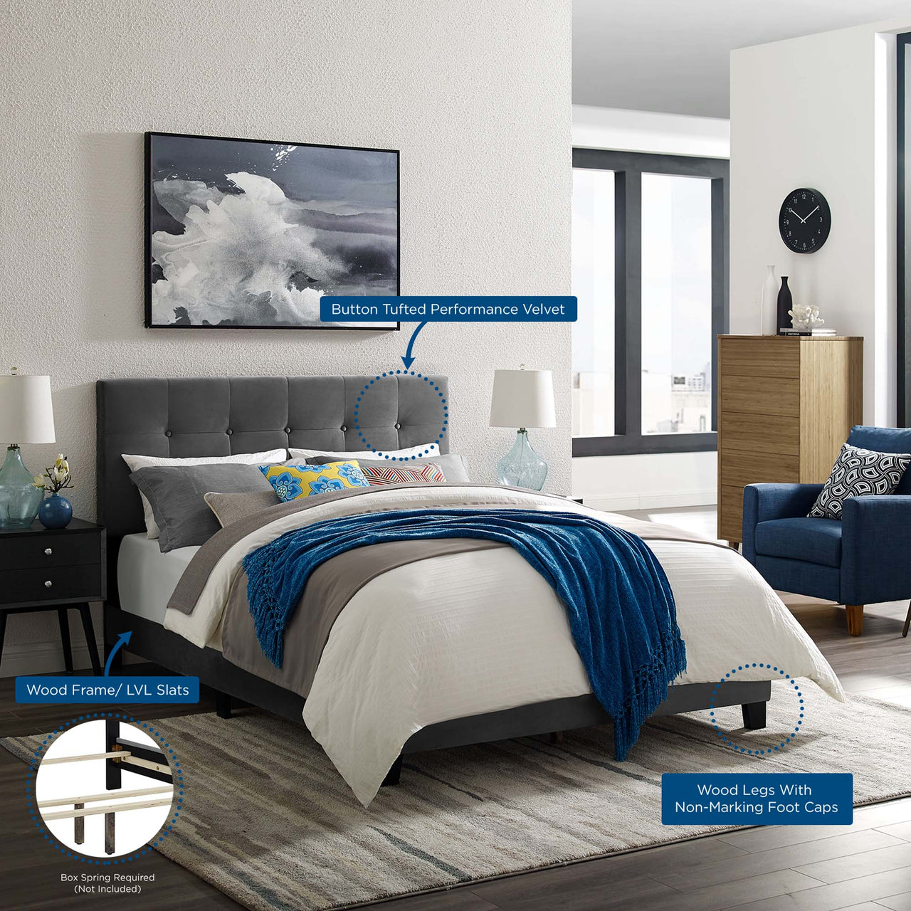 Amirada Velvet Twin Bed, Gray