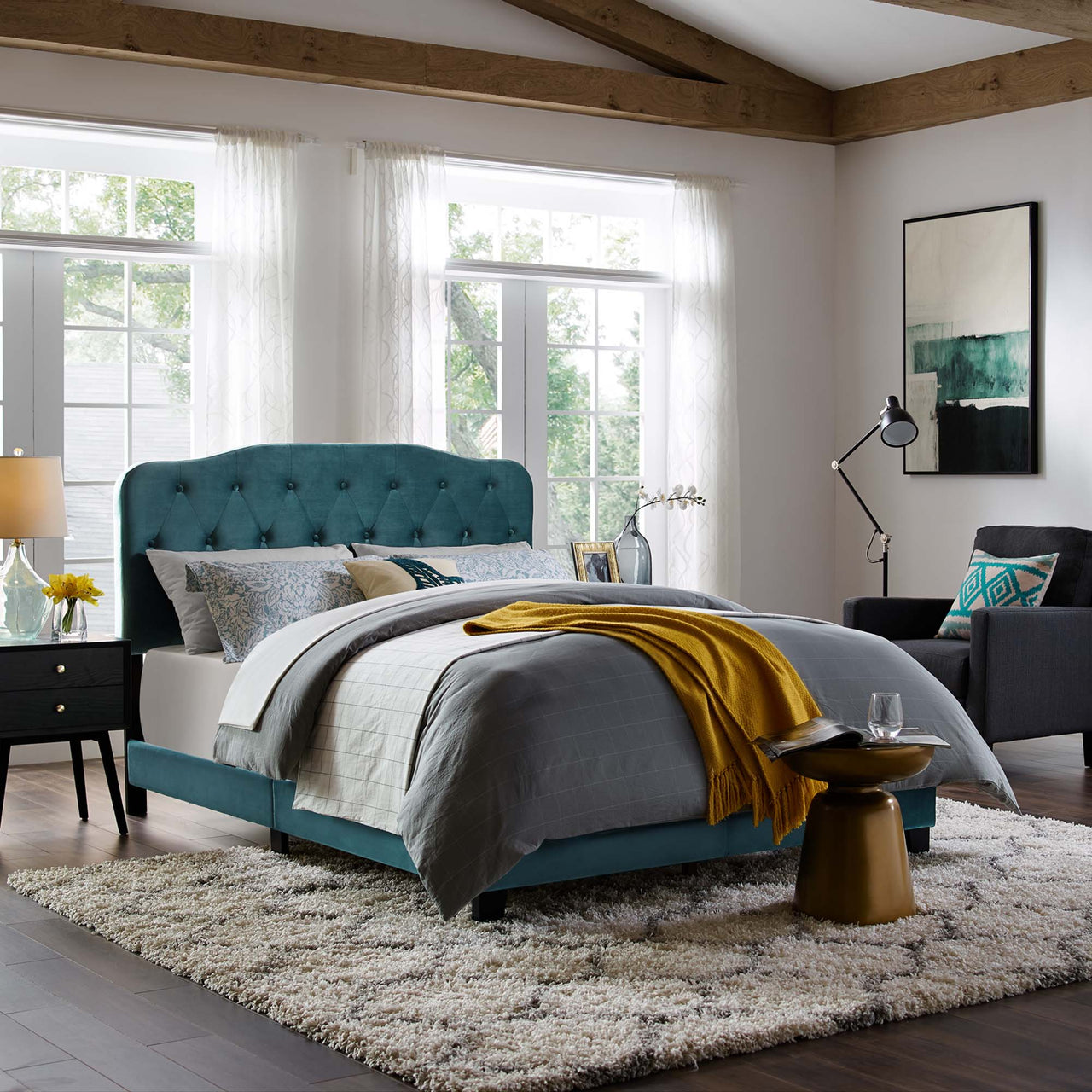 Elira Velvet Twin Bed, Caspian Blue