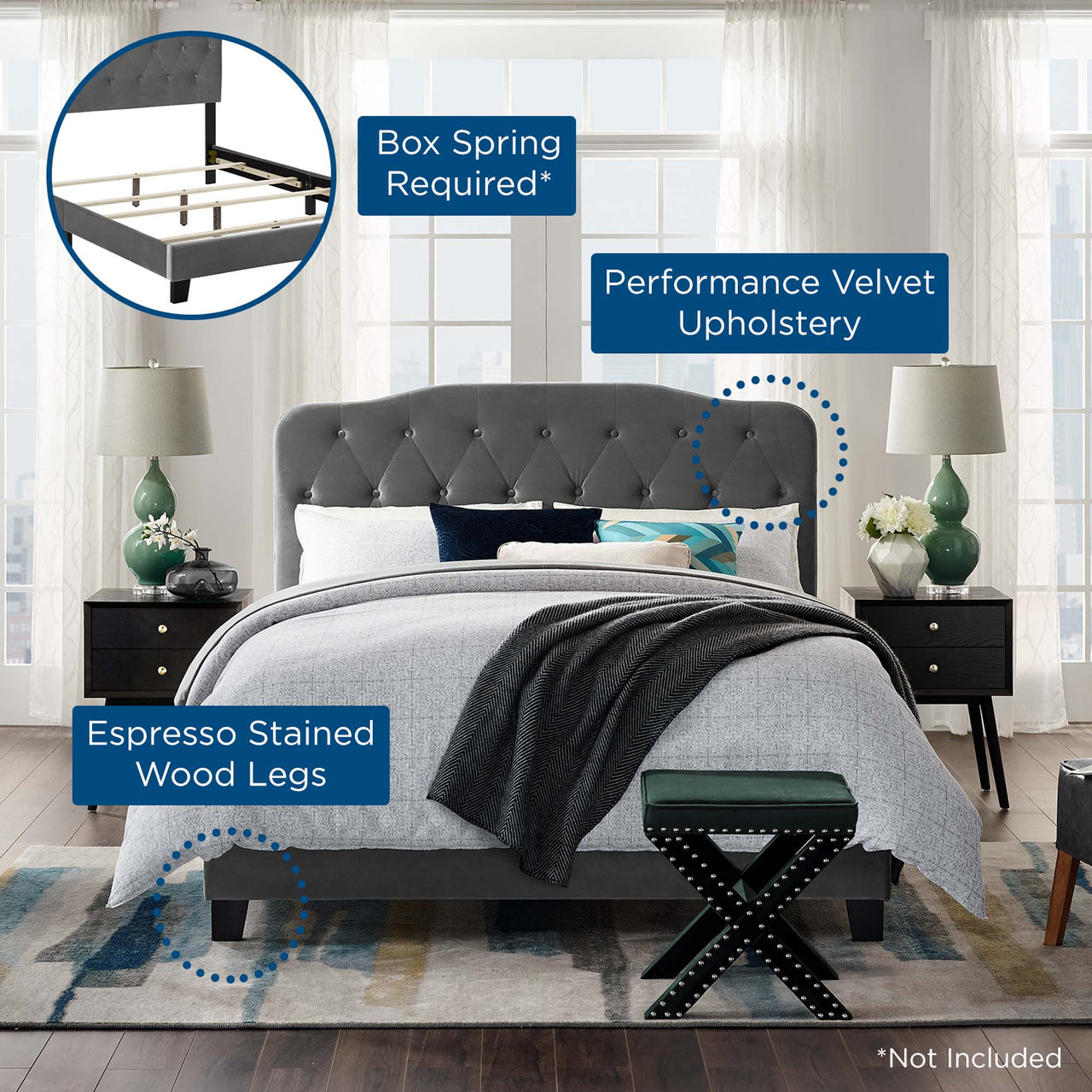 Elira Velvet Full Bed, Gray