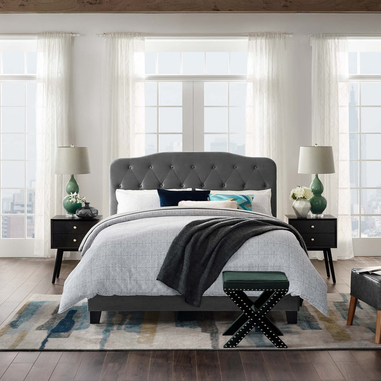 Elira Velvet Queen Bed, Gray