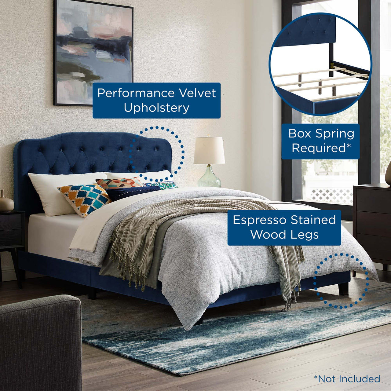 Elira Velvet King Bed, Navy