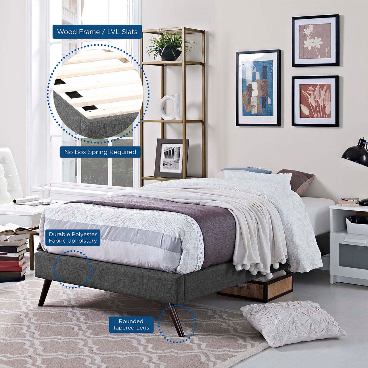 Atlasi Fabric Twin Bed Frame, Gray