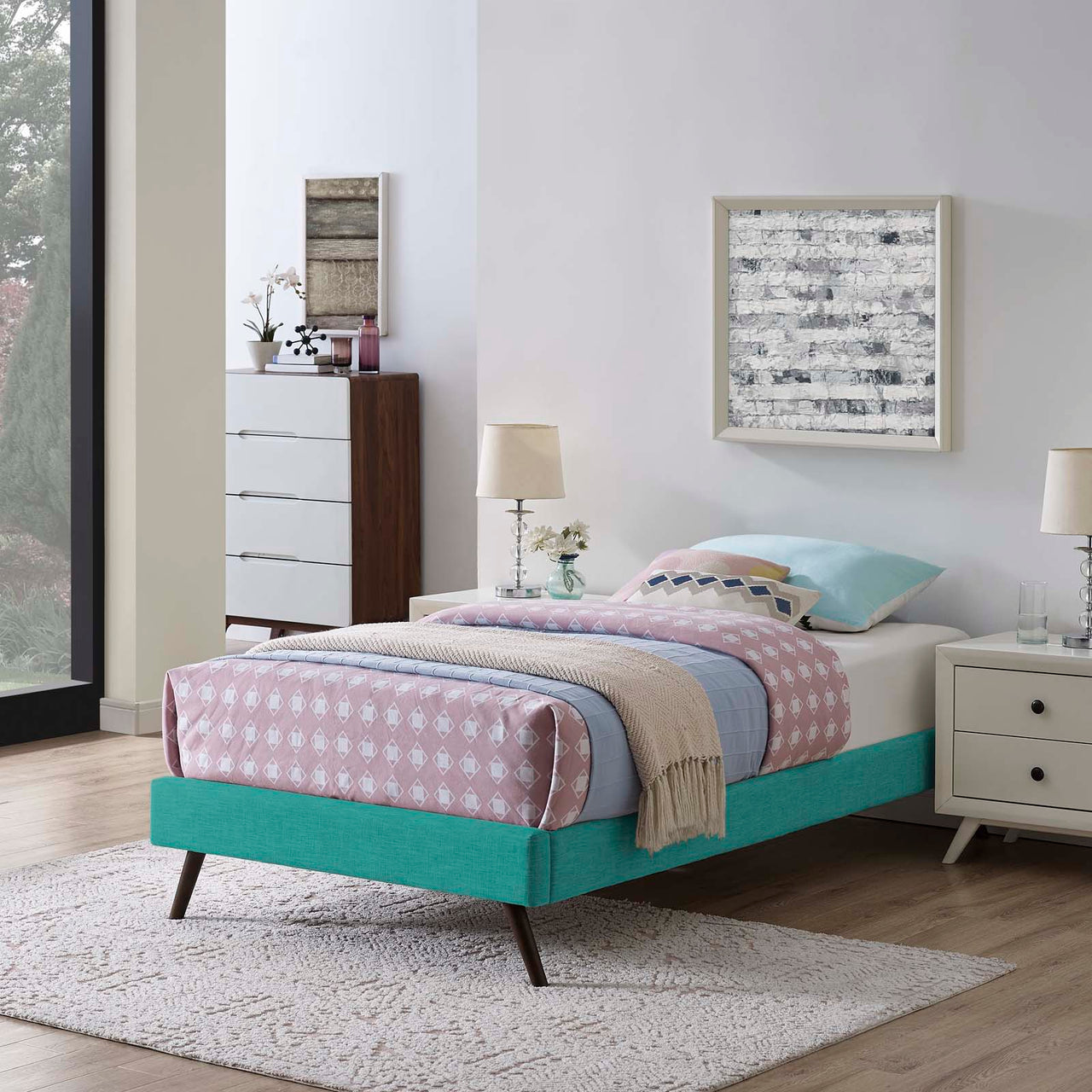 Atlasi Fabric Twin Bed Frame, Teal